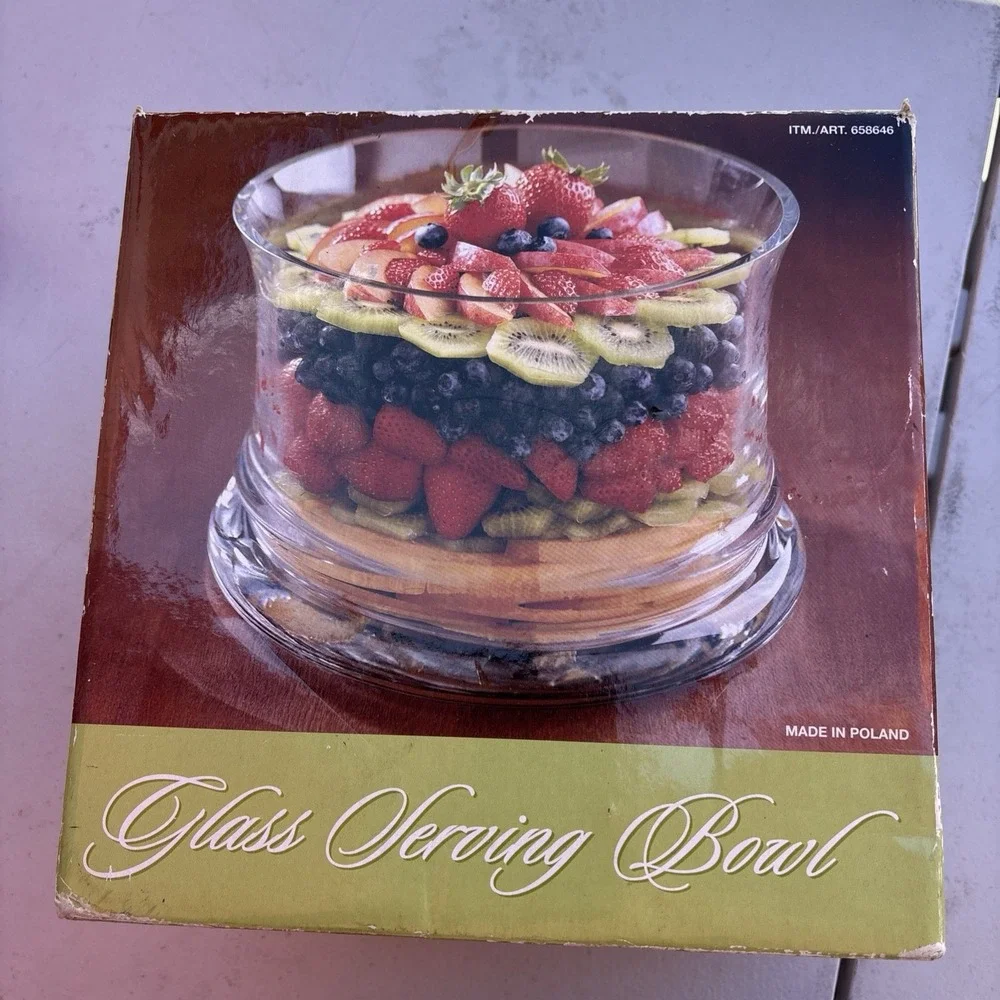 Large Clear Glass Serving Bowl Fruit Salad Centerpiece Poland w/ Original Box